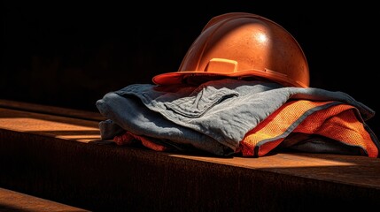 Safety Gear Arrangement on Wooden Plank Highlighting Hard Hat and Work Clothes in Dim Light for Construction and Workplace Settings