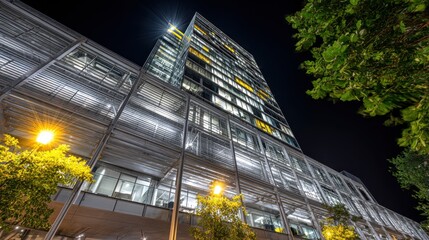 Modern Urban Architecture at Night Featuring Steel and Glass Design with Illuminated Facade and Trees in Foreground in a City Landscape