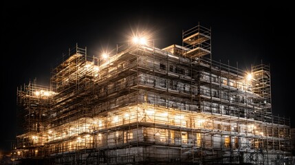 Nighttime view of an illuminated construction site showcasing scaffolding and lights against a dark sky creating a dramatic ambiance and vibrant energy