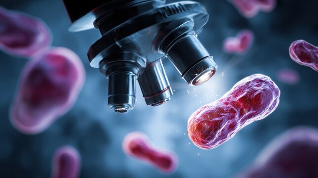 A microscope with a red blood cell under the lens. - Powered by Adobe