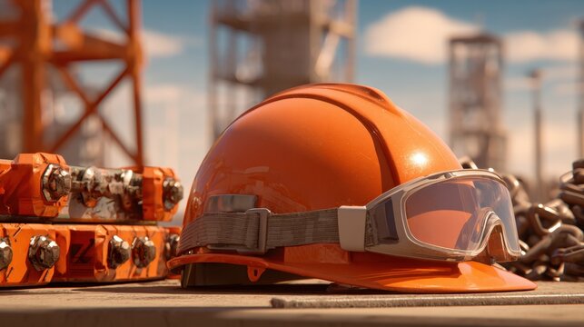 Bright Orange Hard Hat and Safety Goggles on Industrial Site with Heavy Machinery in Background under Clear Blue Sky