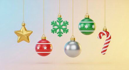 Hanging christmas ornaments including star, snowflake, bauble, and candy cane