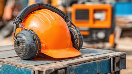 Fototapeta premium Bright orange safety helmet with ear protection on wooden crate in construction site setting, showcasing essential equipment for work safety and comfort