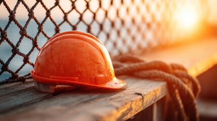 Bright orange construction helmet resting on wooden surface beside rope and netting, with warm sunset glow in the background creating an industrial atmosphere
