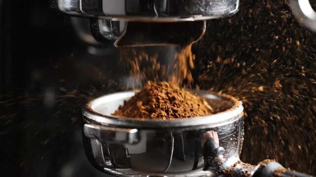 Coffee Beans Grinding into Portafilter - Close-up of freshly ground coffee being dispensed into a portafilter, showcasing the rich brown texture and dynamic motion of the particles.