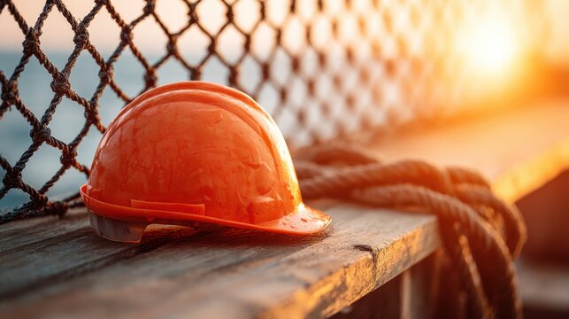 Bright orange construction helmet resting on wooden surface beside rope and netting, with warm sunset glow in the background creating an industrial atmosphere