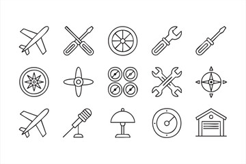 Airplane and mechanical repair line art icons for aerospace and transport design