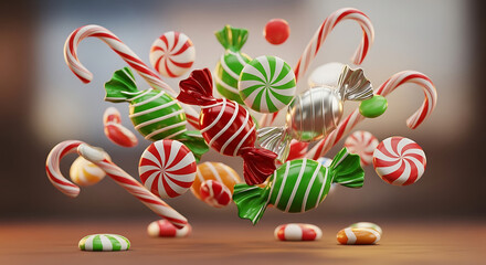 A festive assortment of christmas candy, including candy canes, lollipops, and wrapped sweets, scattered on a wooden surface