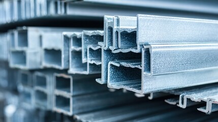 Close-Up View of Stacked Galvanized Steel Profiles Showcasing Modern Industrial Design and Metal Engineering Techniques in Construction Projects