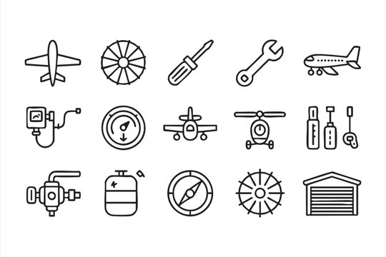Aviation maintenance and technical outline icons pack for airplane and mechanic projects