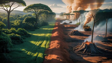 Contrast between lush green nature and environmental destruction