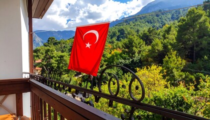 Turkish flag on balcony with mountain view.