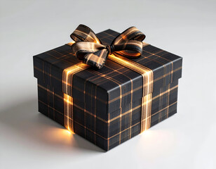 An elegantly wrapped black gift box with a glowing golden plaid pattern and bow, symbolizing joy and celebration for special occasions