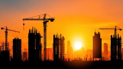 Silhouette of Building Construction with Cranes against a Colorful Sunset in an Urban Environment