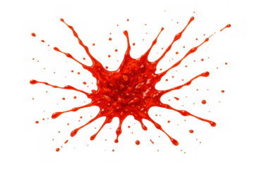 Red paint splash exploding on surface creating dynamic messy splatters and drops with transparent background