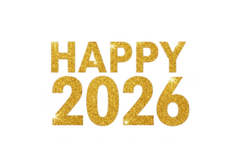 Golden glitter happy 2026 text isolated on transparent background