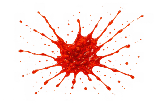 Red paint splash exploding on surface creating dynamic messy splatters and drops with transparent background