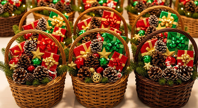 A collection of festive christmas gift baskets filled with pine cones, ornaments, and wrapped presents, arranged in rows