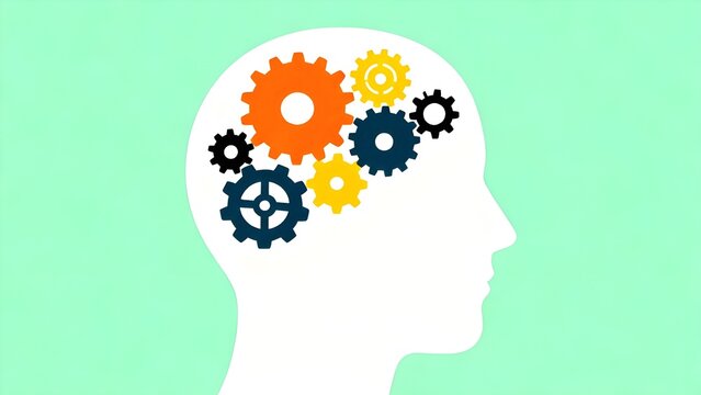 A vector illustration of a white human head silhouette featuring various bright, colorful gears (cogs) inside (orange, navy blue, yellow, black). This image symbolizes the concepts of thinking, ideas,