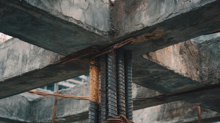 Industrial construction site showing concrete beams reinforced with steel bars and rusty textures, showcasing structural elements in urban development