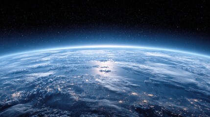 Fototapeta premium The Earth's horizon with a blue sky and illuminated cities below.