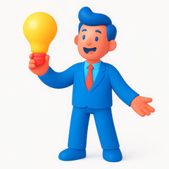 Joyful 3D businessman character enthusiastically presents glowing yellow lightbulb. This vibrant illustration symbolizes innovation, brilliant ideas, and creative solutions. His happy expression