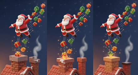 Santa claus flying over chimneys, dropping gifts for christmas, festive holiday scene