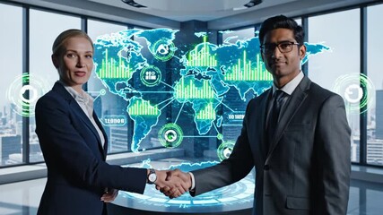 Business Professionals Shaking Hands in Futuristic Office - A businesswoman and a businessman shake hands in a modern office environment with a large digital map displaying global data analytics in - Powered by Adobe