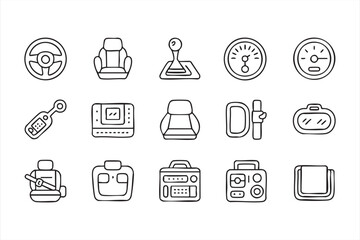 Vehicle controls and dashboard vector symbols in minimalist outline style