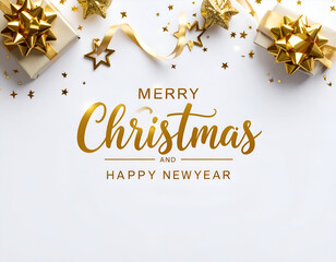 A festive holiday banner celebrating Merry Christmas and Happy New Year with elegant gold script, gifts, and star confetti on a clean white background