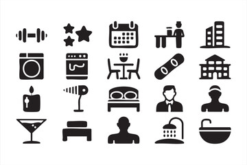 Solid black icons of hotel services, facilities, and room amenities