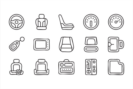 Modern black line icons of automotive interiors and driving instruments