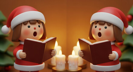 Two cute cartoon children in santa hats singing carols holding open books with candles and christmas trees in background