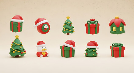 Collection of cute christmas themed 3d rendered objects including gifts trees snowman and house