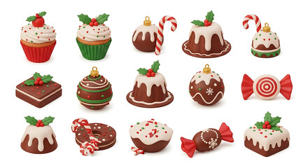 Assortment of delicious christmas sweets and treats including cakes puddings candy canes and cookies