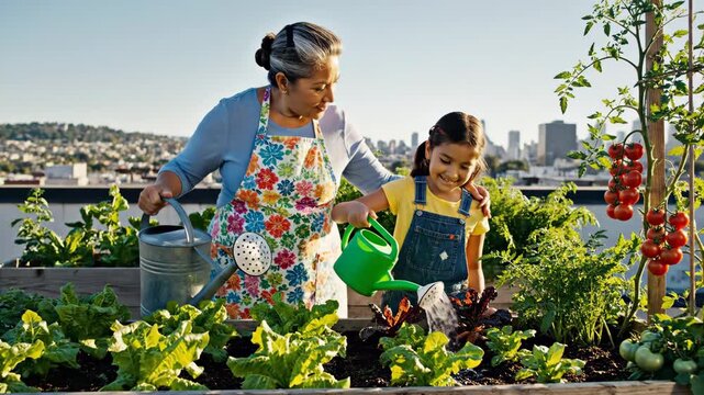 Grandmother and Granddaughter Watering Urban Garden - An older woman and a young girl tend to an urban rooftop garden.