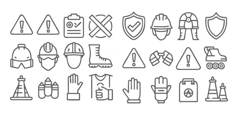 Work Safety & Industrial Protection Icons | Minimal Black Line Vector Set on White Background