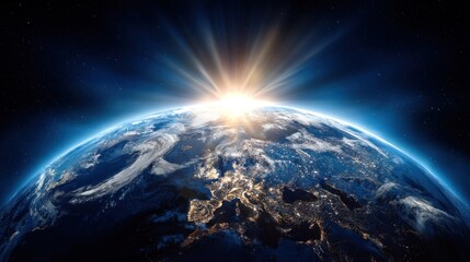 Obraz premium The Earth, a blue planet with a glowing sun and a starry sky, is depicted from space, showcasing its vast surface and the illuminated cities below.