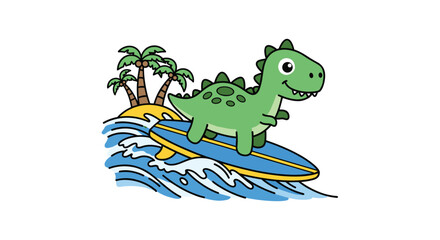 Naklejka premium Joyful cartoon dinosaur surfs a wave near palm trees, embodying summer fun and adventure for kids