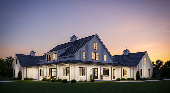 Sunset View of Modern Farmhouse Residence, Architecture Exterior, Countryside, Photography, Dusk Ambience, Whisk_bad79fd4bfad900833a4beb6a731a6d2dr.png Concept - Powered by Adobe