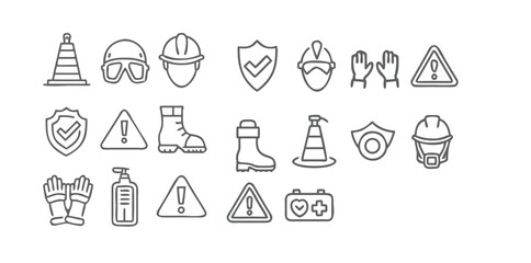 Work Safety & Industrial Protection Icons | Minimal Black Line Vector Set on White Background