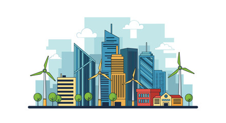 Sustainable urban cityscape with modern skyscrapers and wind turbines generating clean energy for a greener future