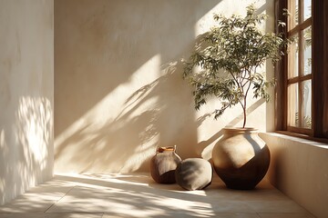 Warm afternoon sunlight bathing a beige corner wall, soft natural tone with spacious clean layout ideal for presentation background, branding, and marketing templates