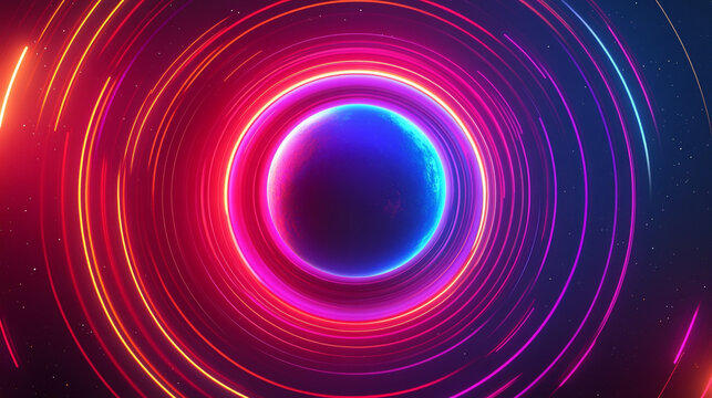 A central glowing orb surrounded by vibrant neon rings, radiating light and energy in a dark futuristic space, symbolizing balance, motion, and digital harmony.
