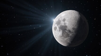 The moon, illuminated by a bright star, against a starry night sky.