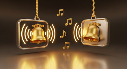 Two golden bells suspended by ropes, emitting musical notes and sound waves, symbolizing a festive and harmonious holiday announcement