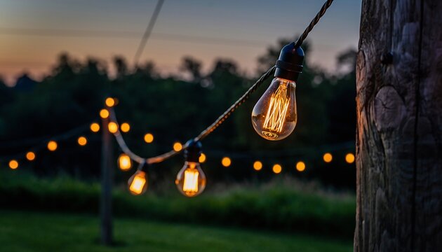 Outdoor string lights illuminating a grassy area at dusk, creating a warm ambiance