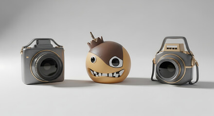 A quirky, cartoonish monster character sits between two vintagestyle cameras on a plain background