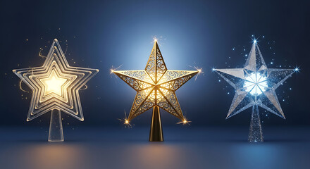 Three illuminated starshaped christmas tree toppers glow with magical light effects