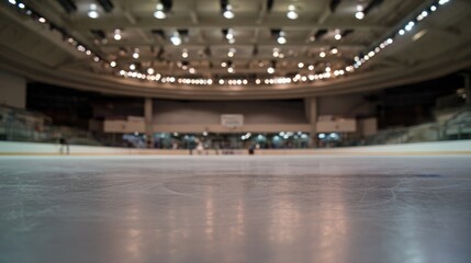 goalie. An empty ice rink with soft ambient lighting and slightly blurred stands in the background. event key visuals, club posters, designed for sports event promotions and stadium branding.